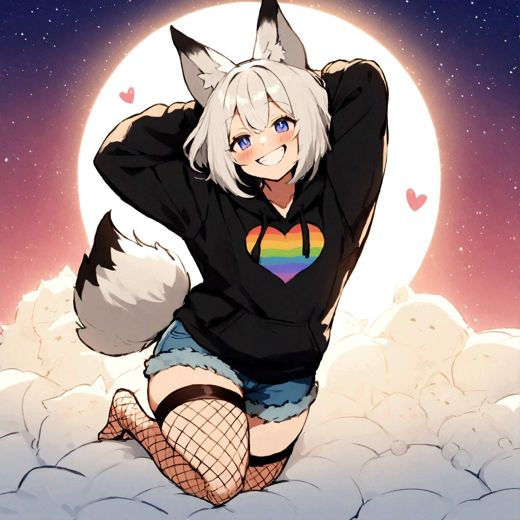 a cute adult male with wolf ears, white hair, has a wolf tail, wearing a loose cropped oversized black hoodie, wearing a pair of denim short shorts and thigh high fishnet stockings, thick thighs, wide hips, relaxing on mound of fluffy multi colored kawaii plushies, short, very slim, showing slender tummy, stretching out, heart on hoodie, squishy thighs, has glowing blue eyes. alone, solo (ALONE)(SOLO), surrounded by rainbows, colorful galaxy backround, mouth wide open grin, very happy, excited, nice butt