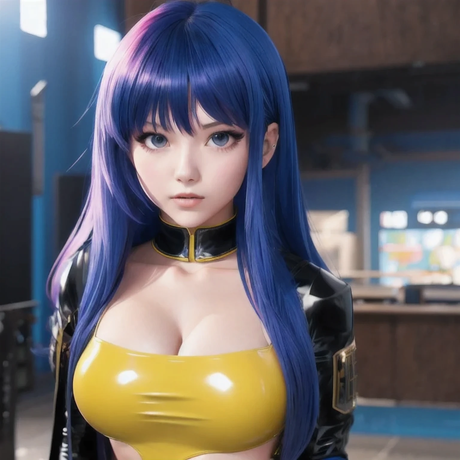 girl in a bangs blue latex outfit posing for a picture, seductive anime girl, Image Quality，photo  anime, oppo masterpiece, 3 d anime realistic, 4 K, artwork in the style of bangs bluecyberpunk, , trending on cgstation, hyper realistic anime