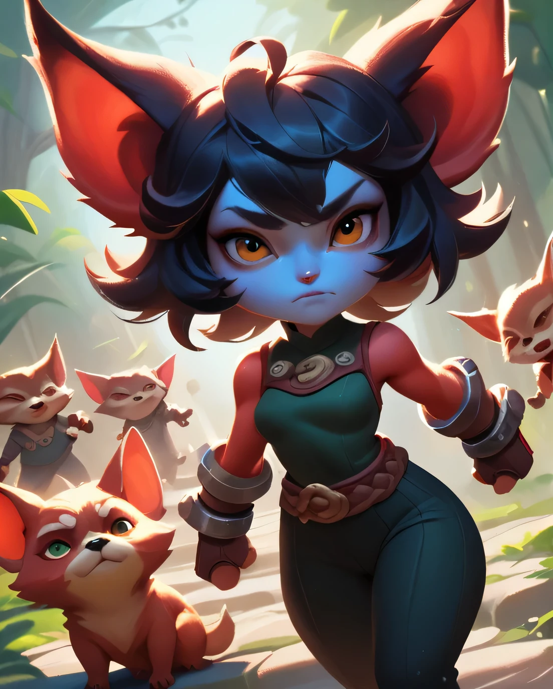 score_9, score_8_up, score_7_up, score_6_up, score_5_up, score_4_up, red yordle female, a dubious little creature getting up to mischief,cute,pretty,attrative,seminua,4yordles,slender,thin,black short hair,assassin outfit,red body,wolf