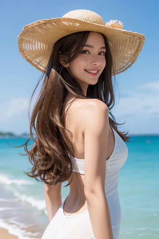 highest quality、4K、Perfect Face、Perfect Style、Sunburn、beautiful、mature、long curly layer brown hair、Swept-back hair、full body, sexy 、charming、healthy、hat with brim、giddy-smile、white one piece、at beach