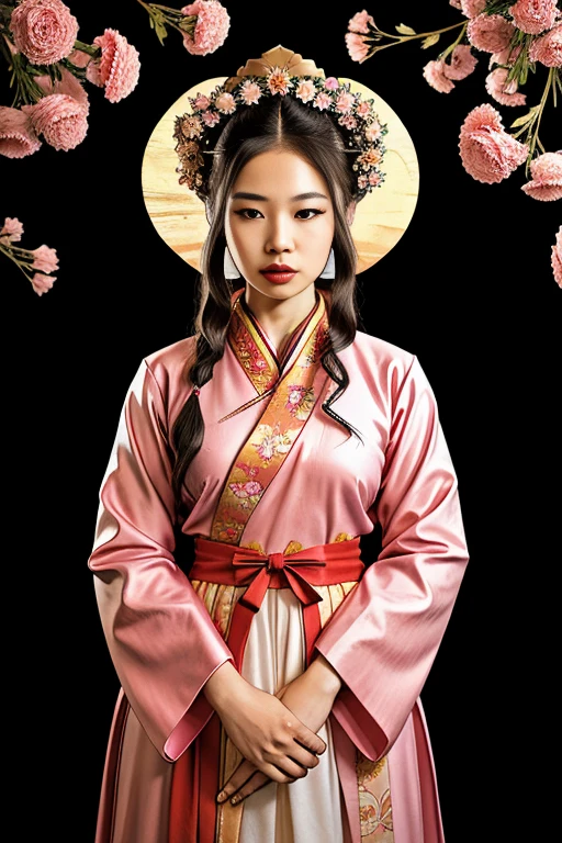 araffe woman in a pink dress with a wreath of flowers on her head, uma foto colorida inspirada em Lan Ying, trends in cg society, Realismo, Hanfu, Palace , a girl in Hanfu, ancient princesa chinesa, uma linda imperatriz de fantasia, estilo de arte da china antiga, Princess of the Ancient Asian Dynasty, chinese empress, white Hanfu, princesa chinesa,olhando para baixo,