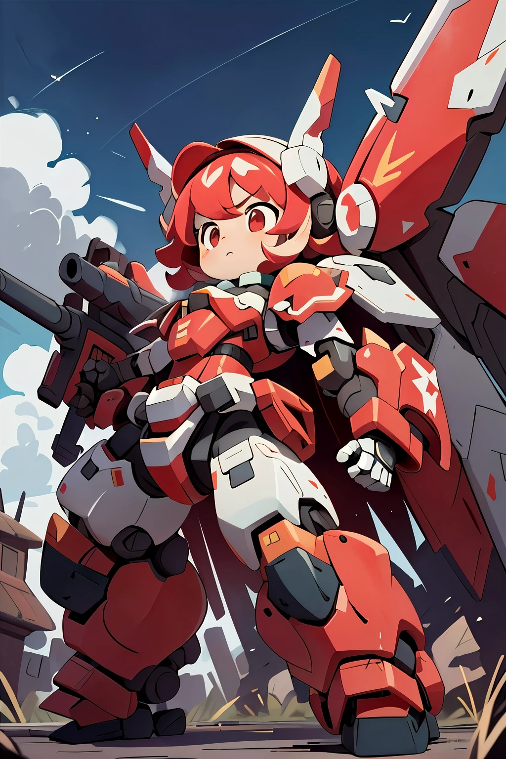 (((1girl floating in the sky, ))), (large cute face), (chibi face), ((low-angle)), ((low-angle view)), ((mechanical parts)), ((mechanical wings)), ((mecha wings)), full armor, ((mecha musume)), (MRS),(full armor:1.0), (mecha armor:1.2), (heroic parts:1.5), (battle-ready:1.2), (heavy weapons:1.5), (short legs:1.2), (huger body:1.7), ((red coloring armor:1.5)), (output booster:1.2), Heavy armament, heavy equipment, Mecha, ((from below)), red_eyes , chibi face, short hair, ((headgear)), ((full body in frame)), ((over size helm)), ((flying)), ((floating)), dynamic pose, fighting stance, (blue sky), white clouds, mechanical parts, mecha warrior, headgear, robot joints, full armor, becoming a mecha, ((looking down)), macro
BREAK
((masterpiece)), vibrant colors, 8k, best quality, ultra detailed illustration, ((best quality)), ((high resolution)), flawless skin textures, shiny oiled skin, extremely detailed anime eyes , extreme light and shadows