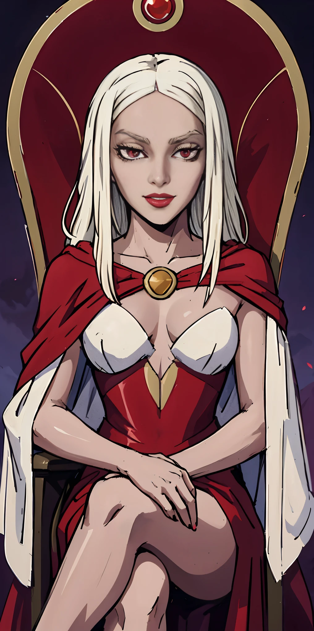 (masterpiece, best quality) 1girlsolo (the empress:1.15) platinum blonde, long hair (red cape) curtain, armored dress, queen dress, aurora (sunshine, sky, river, forest) expressionless, red eyes, very long hair (art nouveau:1.2) alphonse mucha, tiara (face focus, upper body) sit (red throne:1.12) crossing legs, highly intricate details, realistic light, smile