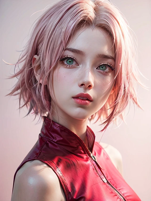 young woman, short shoulder-length pink hair, wide forehead, porcelain skin, pink eyebrows, big emerald green eyes, buttoned nose, full lips, heart-shaped face, slender body, small breasts, red tank top, Sakura Haruno , realistic, realism, details, 3d, well detailed
