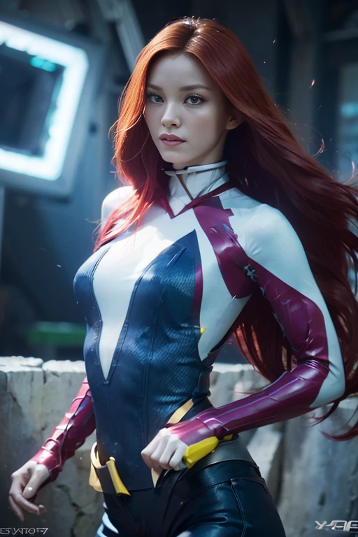 (Jean Grey), Xmen 97, a beautiful woman with long red hair, detailed face, piercing green eyes, wearing a blue and yellow costume, x-men 97 style, dynamic pose, muscular body, cosmic powers, dramatic lighting, cinematic composition, photorealistic, award winning digital art