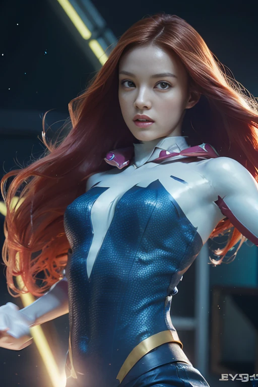 (Jean Grey), Xmen 97, a beautiful woman with long red hair, detailed face, piercing green eyes, wearing a blue and yellow costume, x-men 97 style, dynamic pose, muscular body, cosmic powers, dramatic lighting, cinematic composition, photorealistic, award winning digital art
