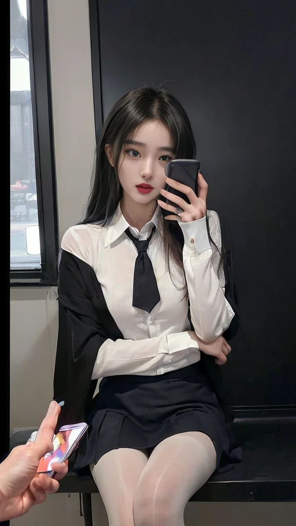  (high quality), (NSFW:1.2), (school _uniform :1.2), (split screen:1.3), (A delinquent:1.3),(girl's pantyhose:1.1), (glamorous and mature high school girl and a Korean adult man enjoying a smartphone chat app :1.4), (Her smartphone display shows a number of Korean adult men chatting to a high school girl.:1.4), (Their chat language is English:1.6), (Men are waiting for her response:1.5), popup window, (And the man is requesting a chat with her on the smartphone screen:1.5). (Chat takes place alternately between women and boys:1.4), (each other places),