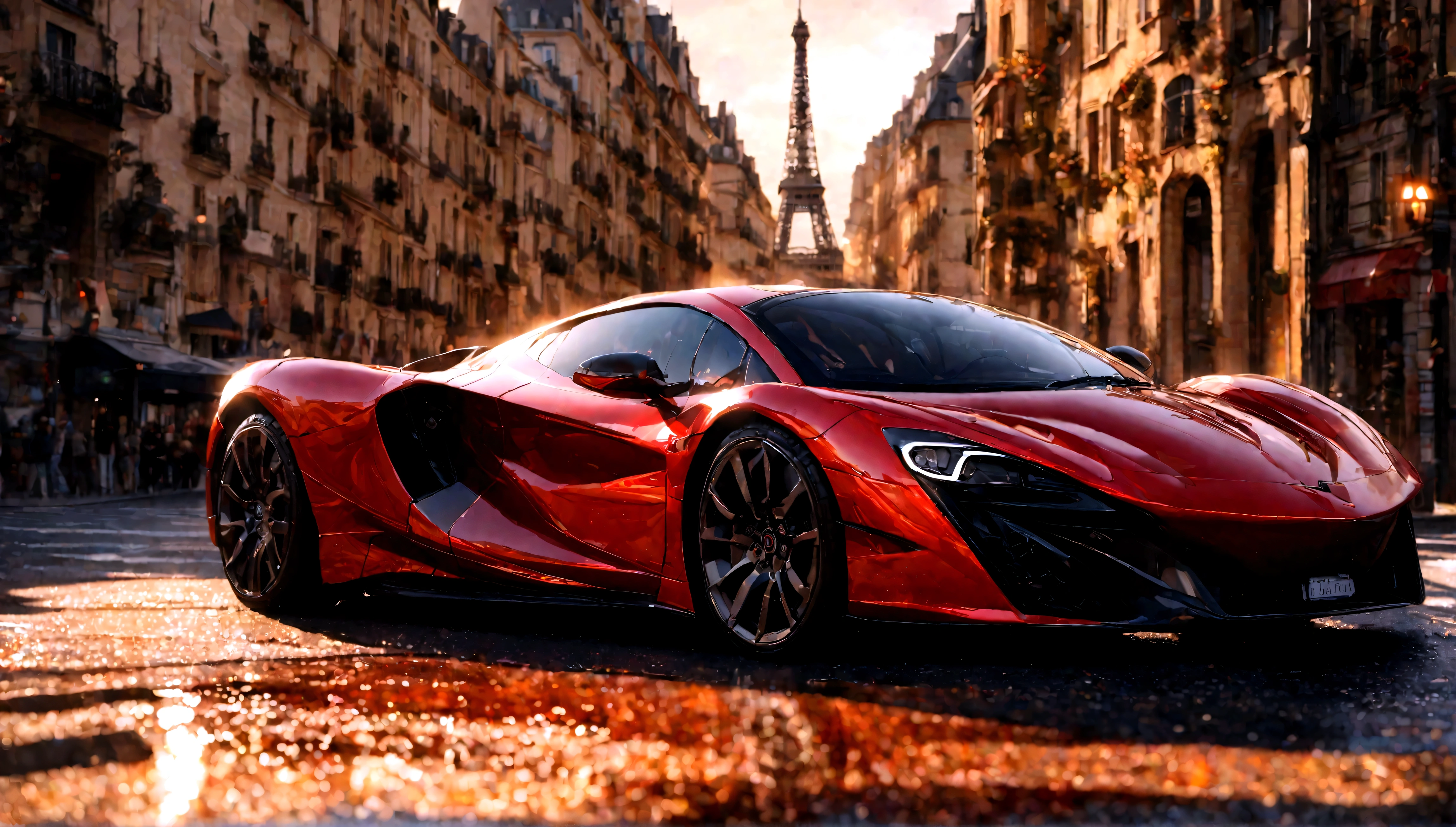 a red and black supercar, aggressive design, eiffel tower in the background, realistic, photorealistic, 8k, best quality, highly detailed, professional, intricate details, dynamic pose, glossy paint, metallic surfaces, depth of field, dramatic lighting, cinematic composition, warm color tones, chiaroscuro lighting