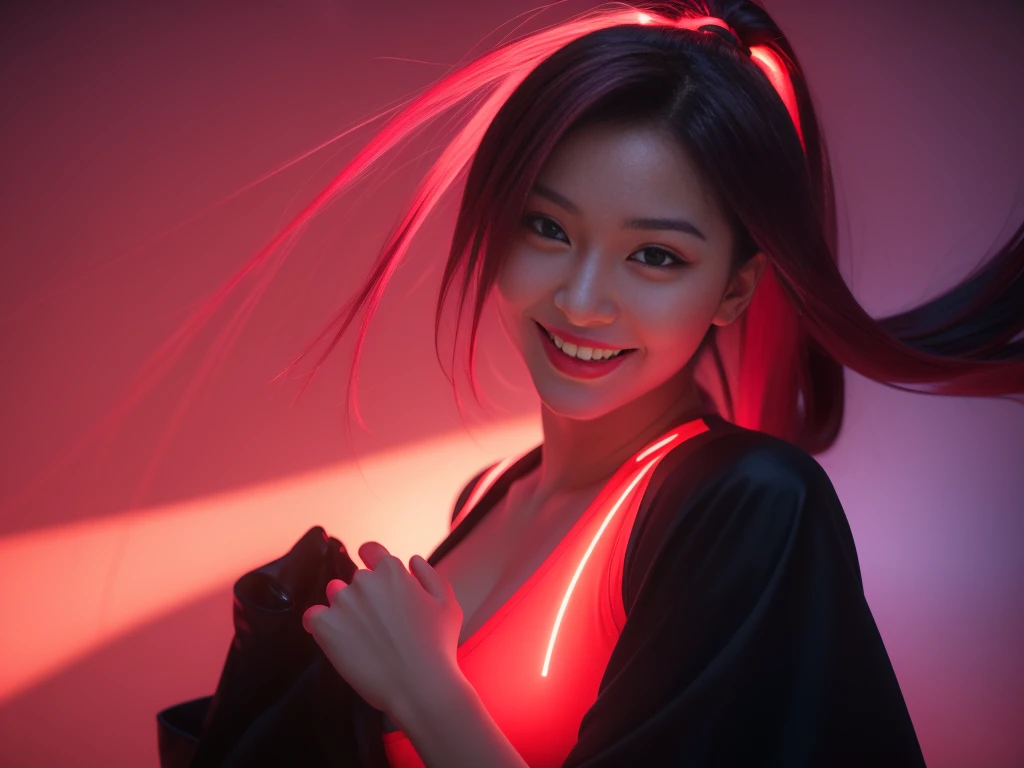 young、female japanese actress wearing a sexy villain costume、smiling face、lipgloss、dramatic eyeshadow、dramatic action pose、closeup、full body Esbian、Ninja Bodysuit（neon white and neon red color scheme）、Colorful hair、at night、outdoor、town 