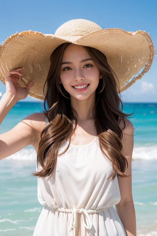 highest quality、4K、Perfect Face、Perfect Style、Sunburn、beautiful、mature、long curly layer brown hair、Swept-back hair、full body, sexy 、charming、healthy、hat with brim、giddy-smile、white one piece、at beach