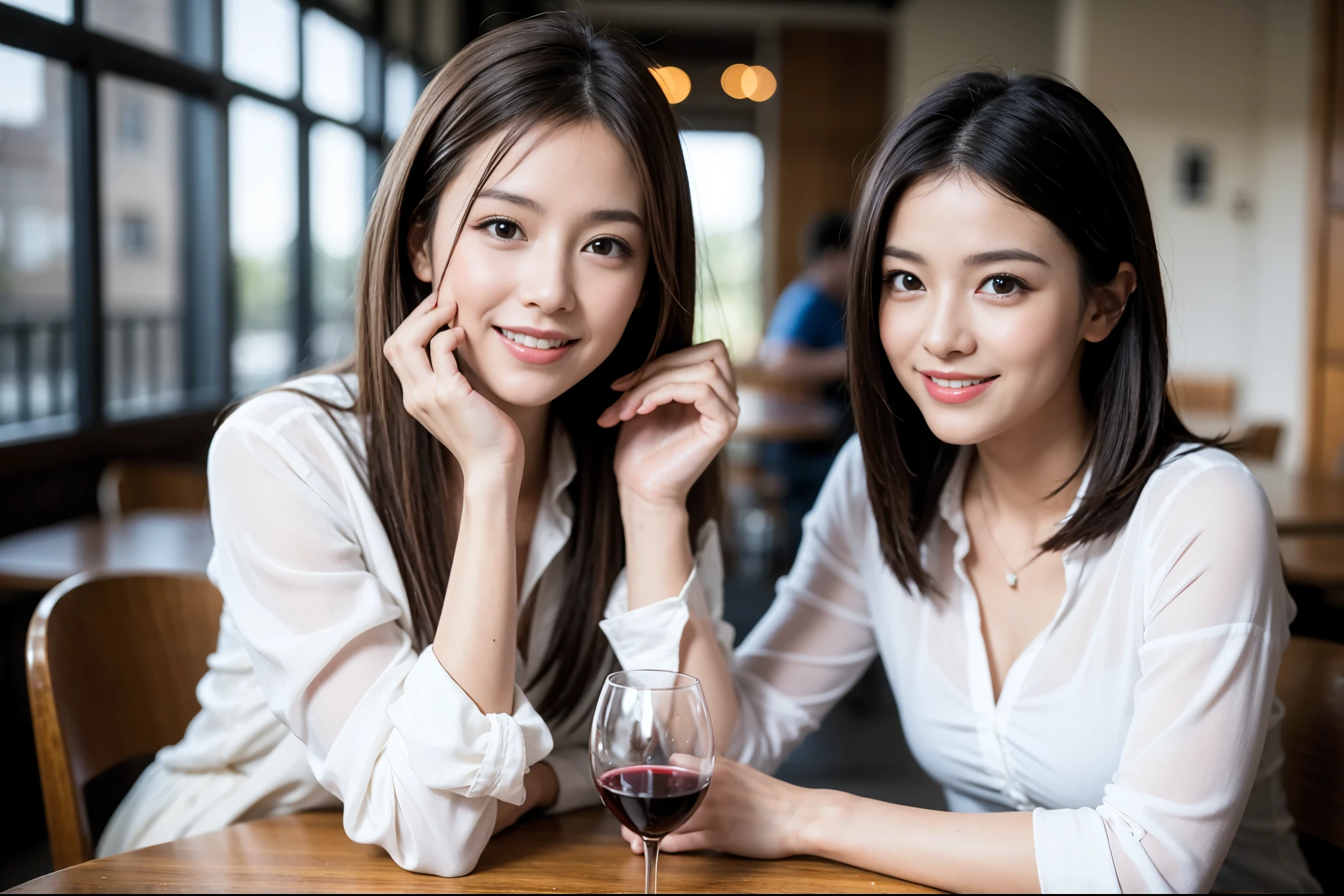 ((highest quality、8k、masterpiece:1.3))、Satomi Ishihara lookalike beauty、1 male、1 female、Couple、Spouse、half、The body is slim、((Bob Hale、Straight hair:1.2)), (Realistic, Intricate details:1.2), Wine glass on the table、Shine light on your face、 Amazing view of the sunset sky and clouds、Amazing mountain views、A bright smile、The wonderfulness of smile、Bright image、The beauty of wine, Beautiful Face, blue eyes, The light shines on your face, Blushing, short hair,Bright Face、 (Age 45), 39 years old, red wine 、Appetizers、Italian food、Wine bottle、Champagne、sparkling wine、Two beauties、Brown Hair、Shortcuts、Long sleeve shirt、dress、Pretty Woman 1, (Slim face), (The body is slim), (Brown Hair), (Shortcuts), cheeks turn a little red,Attractive beauty、restaurant, In a prominent place (From the waist up) Nova Frog Style, actress, model, Upper Body, White wine, slim, wine glass, A wine glass placed in the center, smile, (smile: 1.15), Beautiful fine grain, Depth f/2,saturation, High Contrast, Strong light and shadow,Moist Body:1.5、3D texture、Delicate eyes、Brown Hair、The hair is very shiny、