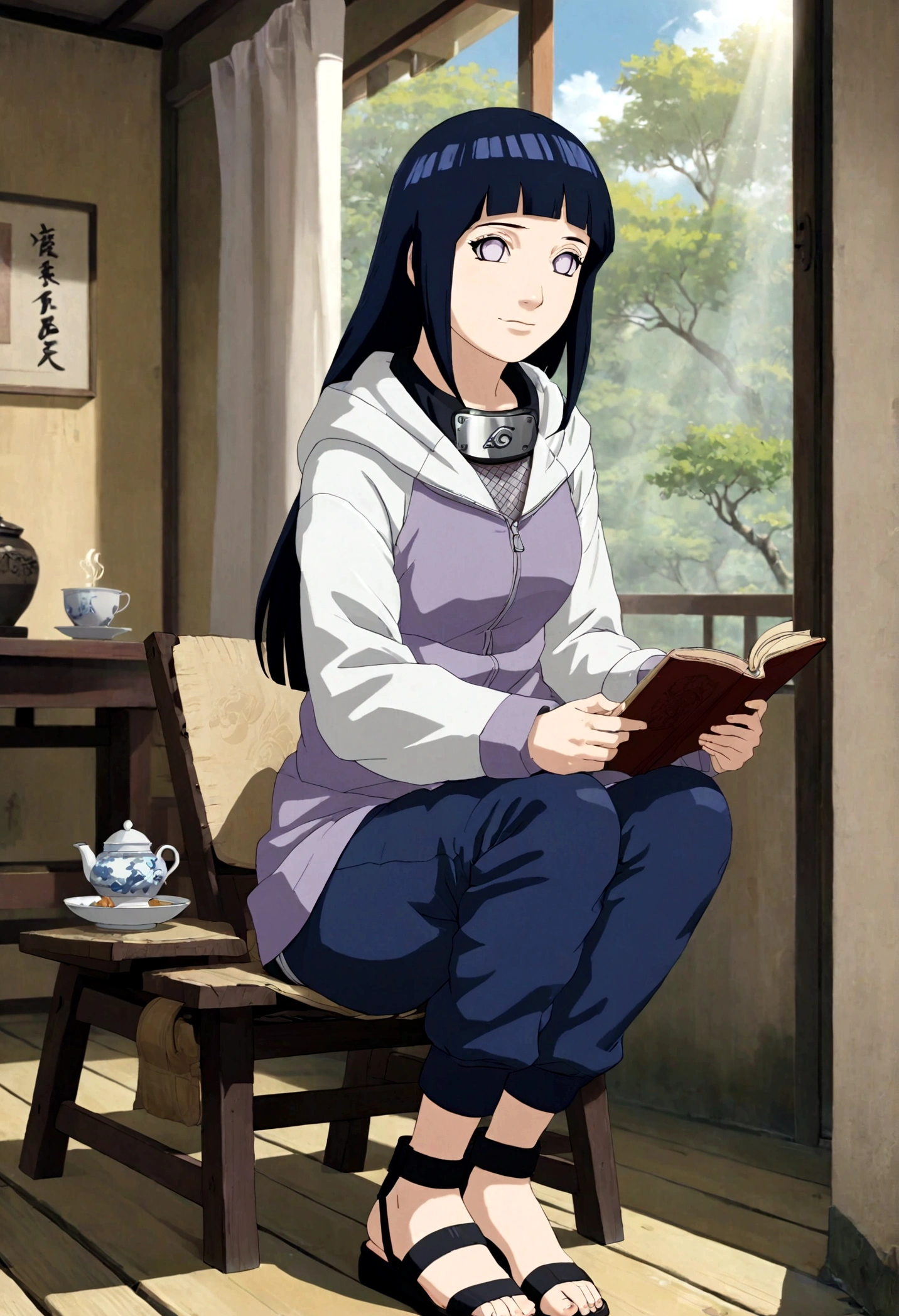 1girl, Hinata Hyuga, sitting in a rocking chair by the window, holding a book in hand, looking out gently. The sun shines through the curtains, illuminating the whole room. The hot tea and exquisite Dim sum on the small table add a bit of elegance to life. The warmth and tranquility of a weekend afternoon, The entire scene is filled with a sense of peace and happiness, as if it can bring a moment of peace to the soul, long hair, blunt bangs, dark blue hair, white eyes, no pupils, forehead protector, konohagakure symbol, purple and white hooded jacket, fishnets, blue pants, holster, bandage on thigh, open sandals, hoodie, zipper, seductive smile, looking at viewer, (masterpiece, best quality, Professional, perfect composition, very aesthetic, absurdres, ultra-detailed, intricate details:1.3)