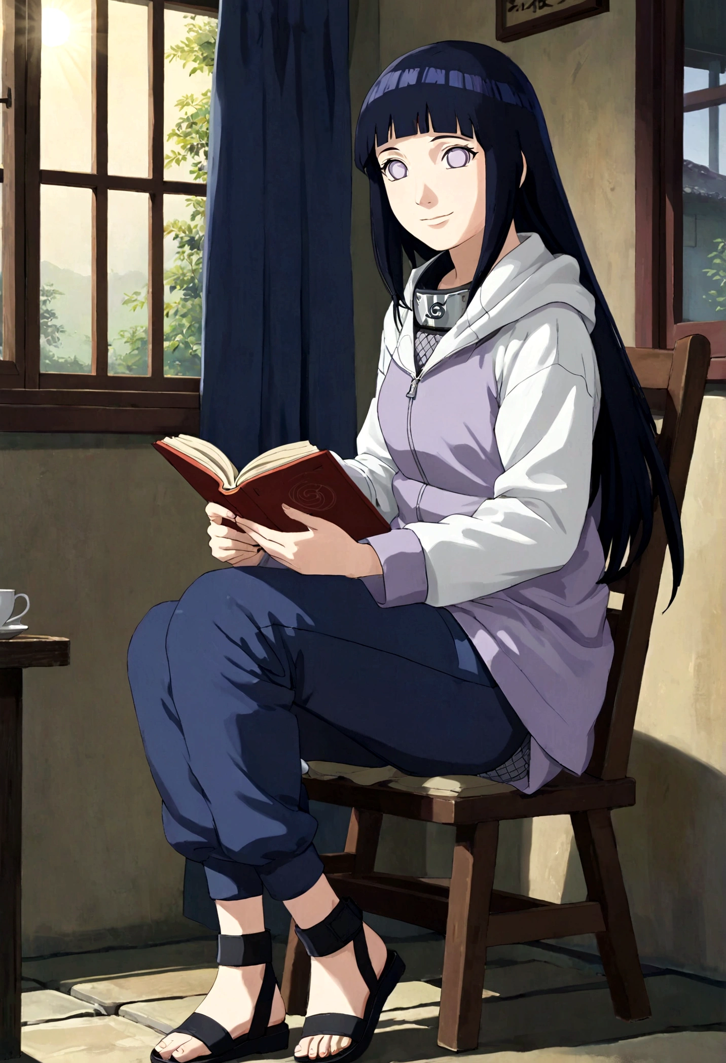 1girl, Hinata Hyuga, sitting in a rocking chair by the window, holding a book in hand, looking out gently. The sun shines through the curtains, illuminating the whole room. The hot tea and exquisite Dim sum on the small table add a bit of elegance to life. The warmth and tranquility of a weekend afternoon, The entire scene is filled with a sense of peace and happiness, as if it can bring a moment of peace to the soul, long hair, blunt bangs, dark blue hair, white eyes, no pupils, forehead protector, konohagakure symbol, purple and white hooded jacket, fishnets, blue pants, holster, bandage on thigh, open sandals, hoodie, zipper, seductive smile, looking at viewer, (masterpiece, best quality, Professional, perfect composition, very aesthetic, absurdres, ultra-detailed, intricate details:1.3)