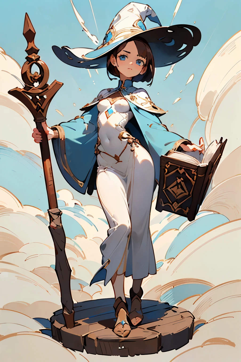 ((Fantasy white witch), ((sky blue eyes)) ((light brunette skin)), (small breasts), ((thin)), ((big witch hat)) ((great wooden staff on left hand, and arcane book on right hand), (short bob dark brown hair), ((gentle expression)), ((154 cm)), ((conjuring Dynamic pose)), ((best quality)), ((masterpiece)), (detailed), ((Perfect detailed face)), Full body.
