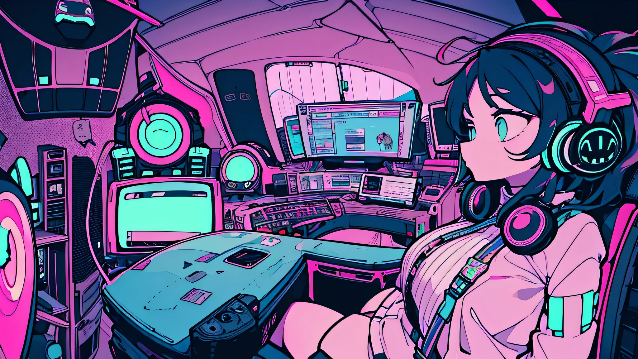 Best quality, (masterpiece:1.2), best detail face,1 girl, big breasts, 18 yo, 8k,absurdres,unity 8k wall paper,(extremely detailed:1.3), highest realistic, (retro headphones:1.1), (soft neon light:1.1), (floating hair:1.2), (psychedelic:1.2), Her room full of music equipment, Leaning back on the chair with a casual attitude, Light clothing in summer, dull yellow color palette