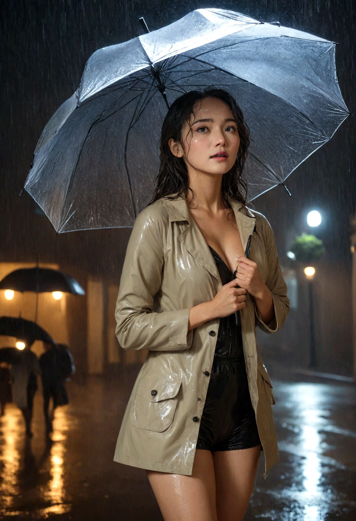 A beautiful woman gets completely soaked in a sudden downpour at night、She doesn't have an umbrella、Detailed facial expressions、Wet thighs、Full Body Portrait