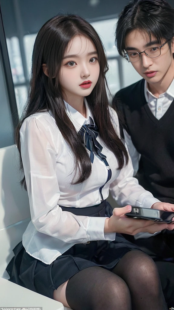  (high quality), (NSFW:1.2), (school _uniform :1.2), (split screen:1.3), (A delinquent:1.3),(girl's pantyhose:1.1), (glamorous and mature high school girl and a Korean adult man enjoying a smartphone chat app :1.4), (Her smartphone display shows a number of Korean adult men chatting to a high school girl.:1.4), (Their chat language is English:1.6), (Men are waiting for her response:1.5), popup window, (And the man is requesting a chat with her on the smartphone screen:1.5). (Chat takes place alternately between women and boys:1.4), (each other places),
