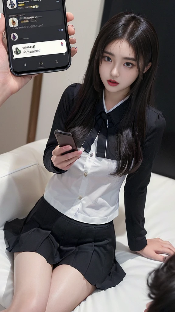  (high quality), (NSFW:1.2), (school _uniform :1.2), (split screen:1.3), (A delinquent:1.3),(girl's pantyhose:1.1), (glamorous and mature high school girl and a Korean adult man enjoying a smartphone chat app :1.4), (Her smartphone display shows a number of Korean adult men chatting to a high school girl.:1.4), (Their chat language is English:1.6), (Men are waiting for her response:1.5), popup window, (And the man is requesting a chat with her on the smartphone screen:1.5). (Chat takes place alternately between women and boys:1.4), (each other places),