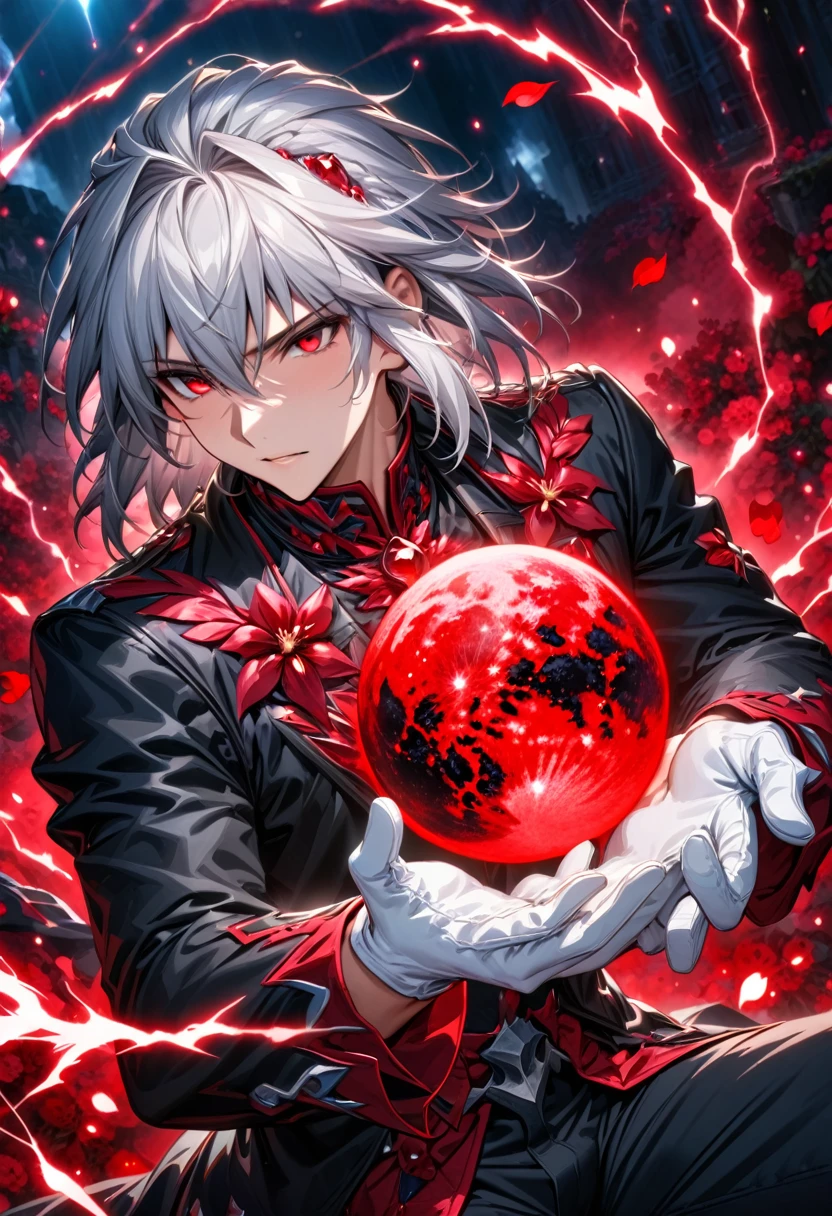 Ultra detailed, highres, absurdres, HDR, master piece, Vlov Arkhangel, white medium hair, expressive red eyes, Tsukihime (Melty Blood), fantasy, petals, red flowers, handsome, sexy man, solo, magic, shining red fireflies, red moon, best quality, extremely detailed face and eyes, red lightning, black coat, white gloves, black pants,