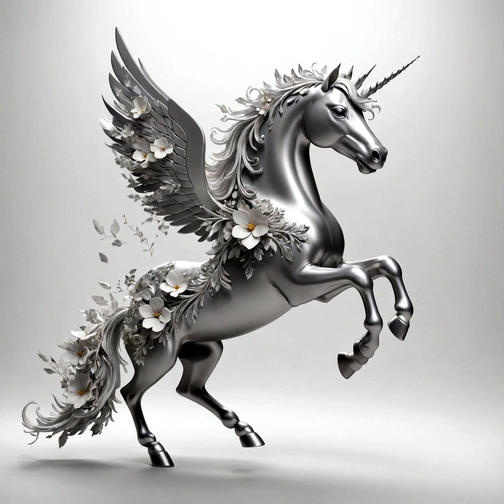 abstract 3D shape flying Unicorn, foliage and flowers incorporated, light emitting, white and silver background