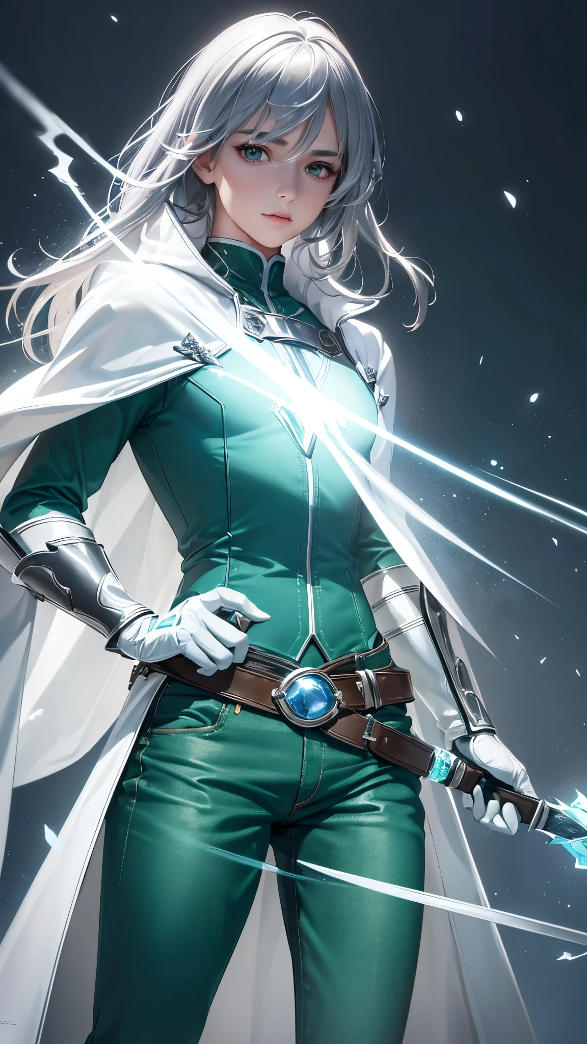 A young woman, lancer, white shirt, green skirt, gloves, belt, and boots. Gray hair, gray eyes.

The prompt is: "A young man, ice sorcerer, wearing a cloak made of crystal, white shirt, green pants, gloves, belt, and boots. Gray hair, gray eyes. (best quality, 4k, highres, masterpiece:1.2), ultra-detailed, (realistic, photorealistic, photo-realistic:1.37), HDR, UHD, studio lighting, extreme detail description, professional, vivid colors, bokeh, portraits, icy blue color palette, ethereal lighting." ((Green pants))