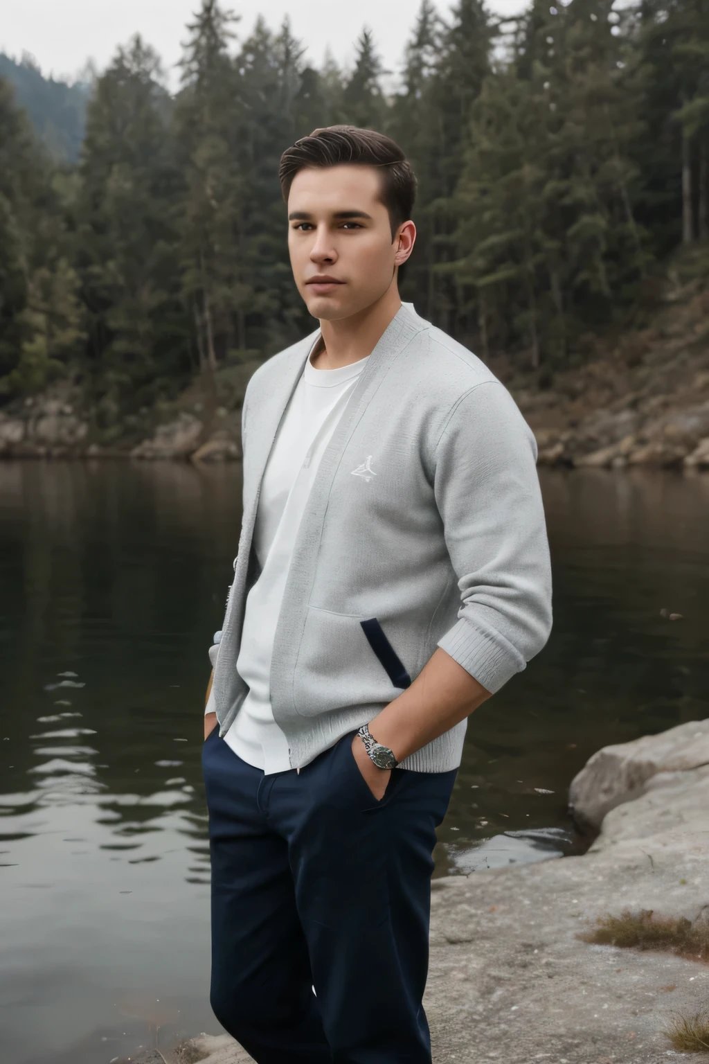 a young caucasian male, navy and white rugby striped cardigan sweater, light gray chino pant, standing on surface of lake, pacific northwest, (best quality,4k,8k,highres,masterpiece:1.2),ultra-detailed,(realistic,photorealistic,photo-realistic:1.37),portrait,landscape,natural lighting,dramatic lighting,cinematic,vibrant colors,highly detailed,sharp focus,professional photography, hyperrealsitc