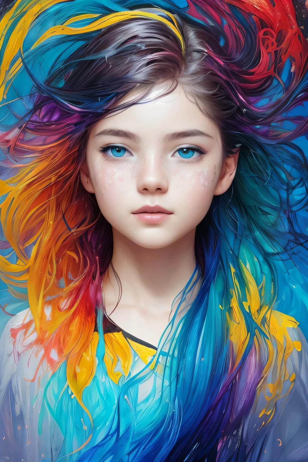 Colorful beautiful girl: a giru 8-years old, messy hair, oil painting, nice perfect face with soft skinice perfect face, blue yellow colors, light purple and violet additions, light red additions, intricate detail, splash screen, 8k resolution, masterpiece, cute face,artstation digital painting smooth veryBlack ink flow: 8k resolution photorealistic masterpiece: intricately detailed fluid gouache painting: by Jean Baptiste Mongue: calligraphy: acrylic: watercolor art, professional photography, natural lighting, volumetric lighting maximalist photoillustration: by marton bobzert:, complex, elegant, expansive, fantastical, wavy hair, vibrant