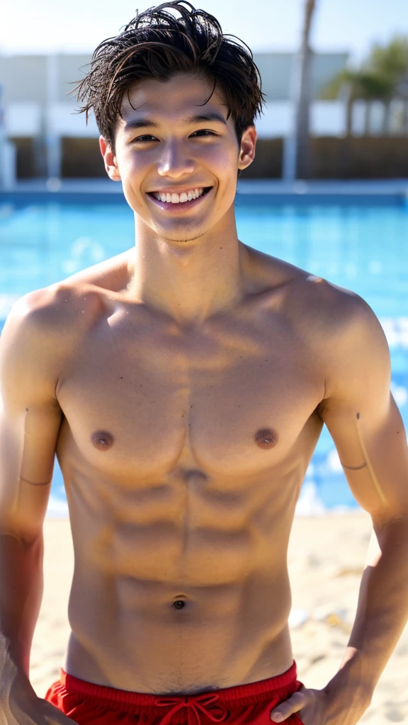 male Age 25 swimwear lifeguard topless smile