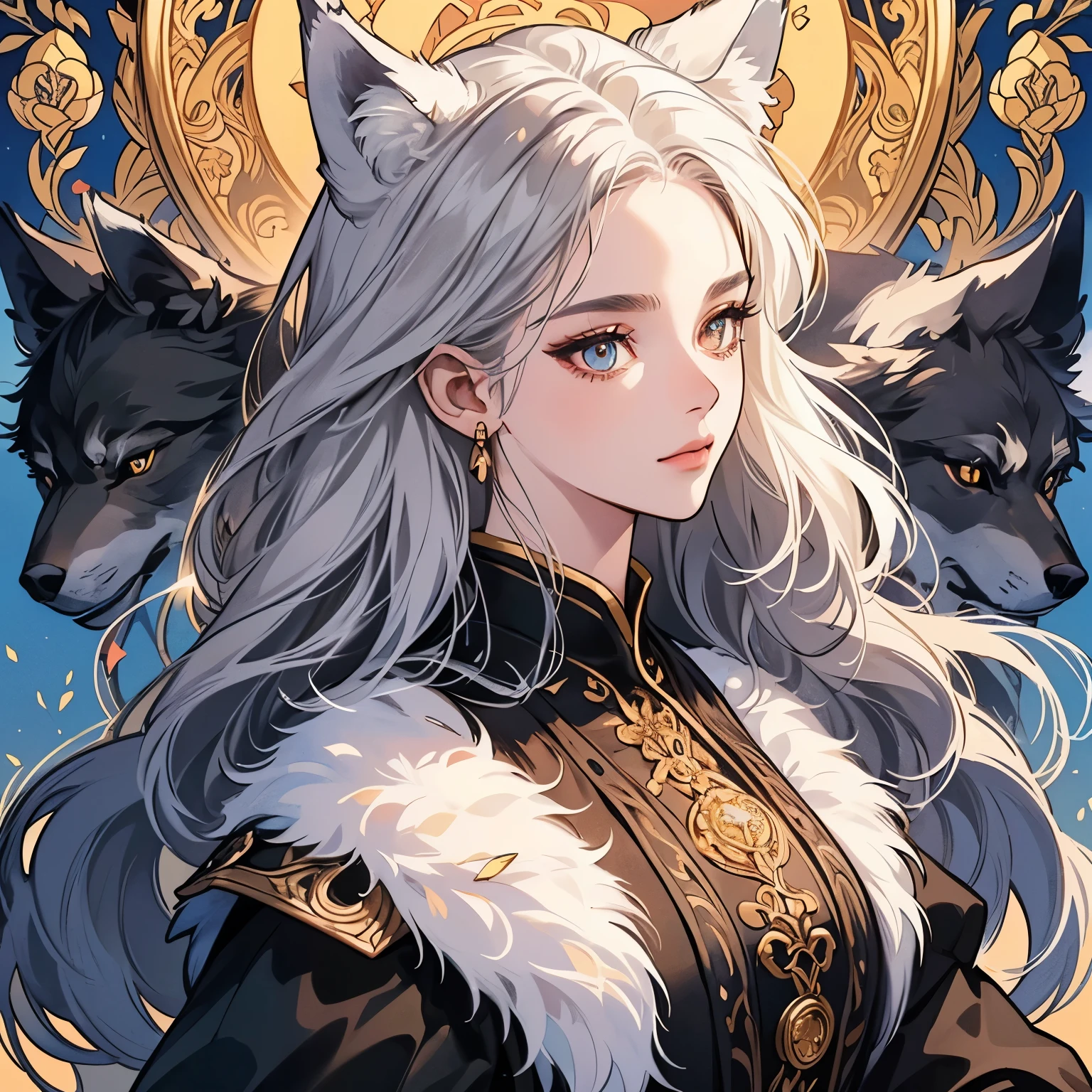 Best quality, 1 black wolf, logo, background white only, emblem, 14k, intricate and detailed, frame, black, (((1 woman and wolf))), detailed fur, sparkling eyes, corporate logo, golden, panoramic, long shot, front, black flowers, Upper body, looking at viewer, Very detailed hair, beautiful goddess