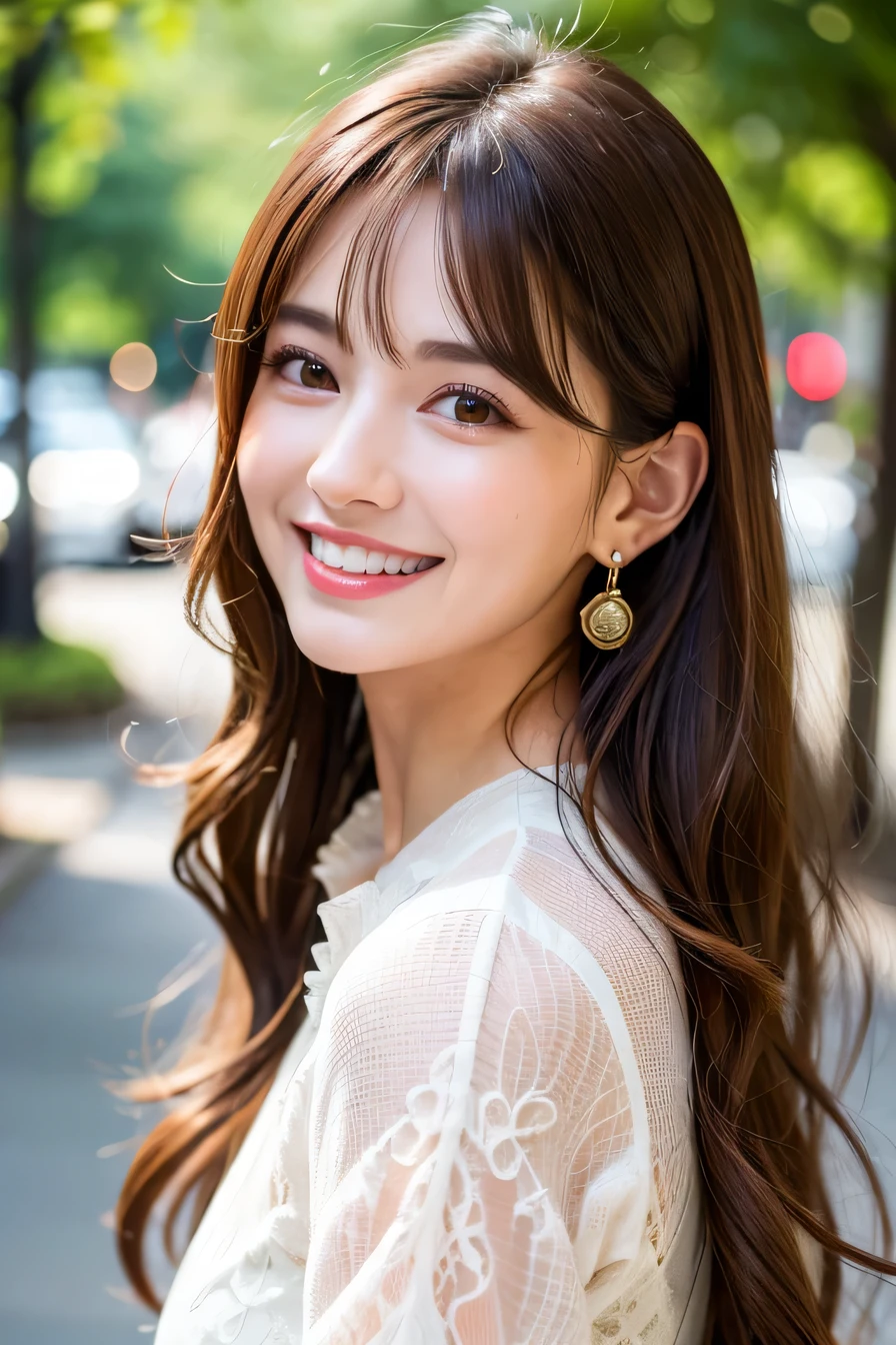 
Ultra-high resolution, Superior Quality, highest quality, Very detailed, Realistic, 8k, RAW Photos, highest quality, masterpiece, Attractive girl, Awesome girl, Brown Hair,Wavy Hair、 Shoulder-length layers, Mesh Hair, Japanese Idols, ear piercing、stylish, blouse,smile、Beautiful teeth alignment、