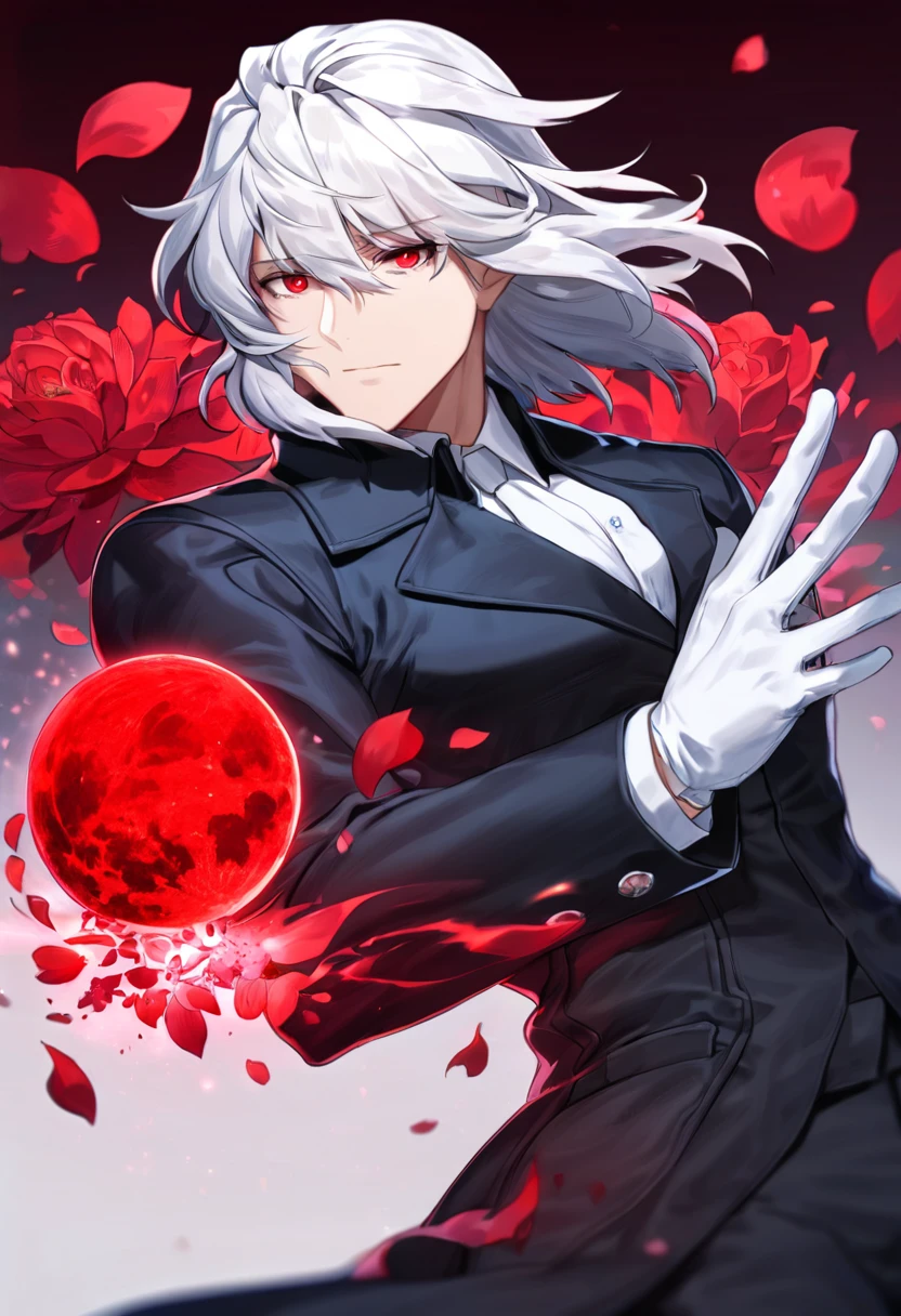 Ultra detailed, highres, absurdres, HDR, master piece, Vlov Arkhangel, white medium hair, expressive red eyes, Tsukihime (Melty Blood), fantasy, petals, red flowers, handsome, sexy man, solo, magic, shining red fireflies, red moon, best quality, extremely detailed face and eyes, red lightning, black coat, white gloves, black pants,