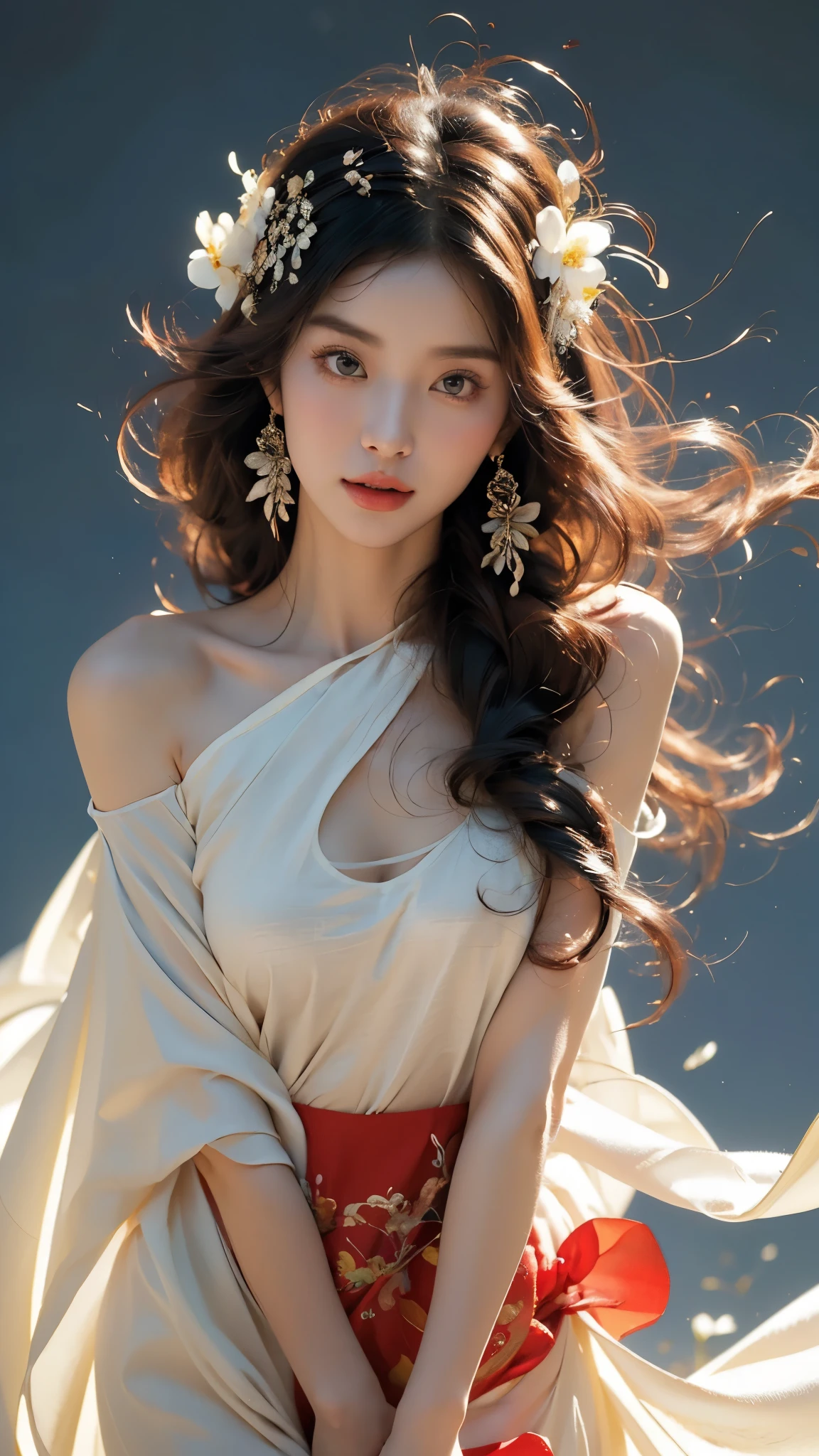 Dissonance_dance, ((Bare shoulders)), ((Shot in the knee)), ((Standing and walking)), ((Elegant and captivating)), ((Close-up shot)), Photo of woman with flowers in hair, Portrait of Du Qiong, CG Trends, Reality, Beautiful Chinese model, Traditional Beauty, Chinese Girl, CGSTATION Trends, Hot topics on cgstation, Chinese, palace ， Cute and delicate face, beautiful girl, A beautiful young womatomically correct