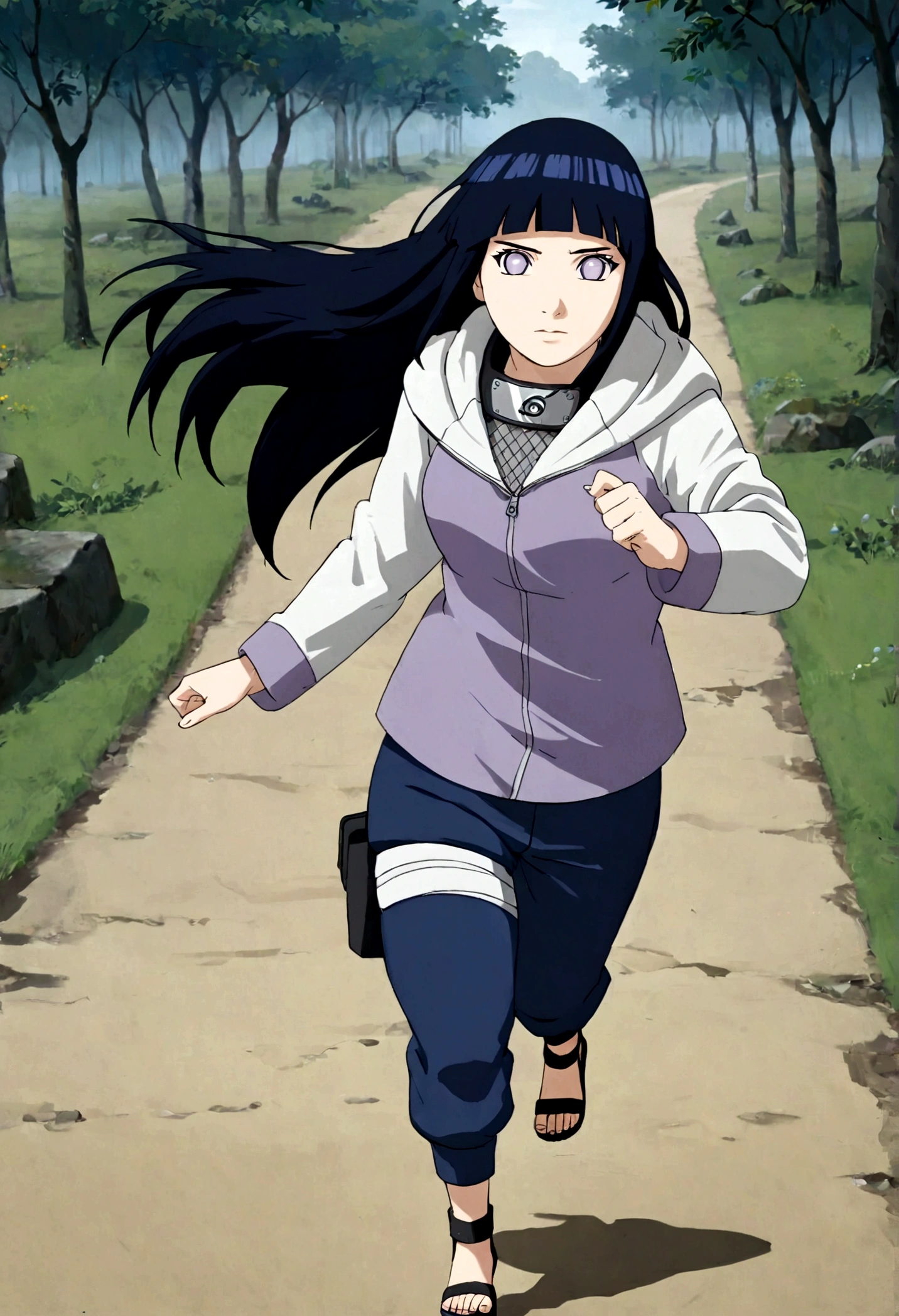 1girl, Hinata Hyuga, run to viewer, Motion Blur, action-lines, long hair, blunt bangs, dark blue hair, white eyes, no pupils, forehead protector, konohagakure symbol, purple and white hooded jacket, fishnets, blue pants, holster, bandage on thigh, open sandals, hoodie, zipper, looking at viewer, (masterpiece, best quality, Professional, perfect composition, very aesthetic, absurdres, ultra-detailed, intricate details:1.3)