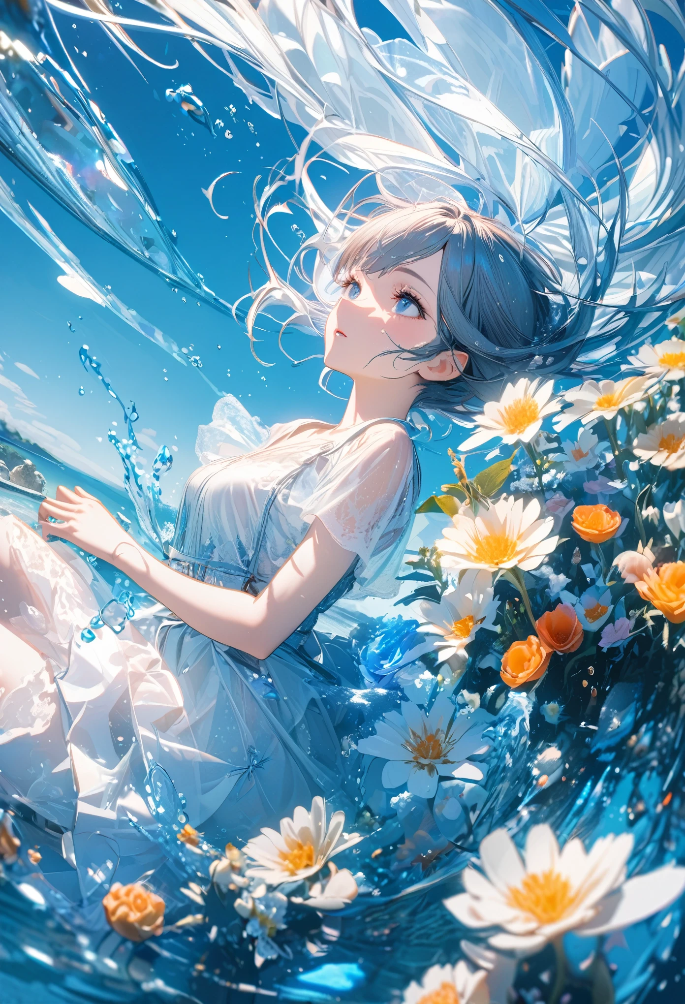 ultra detailed, 8k, angelic, 1 girl, blue water and flowers floating, transparent, right blue water, cool, bright