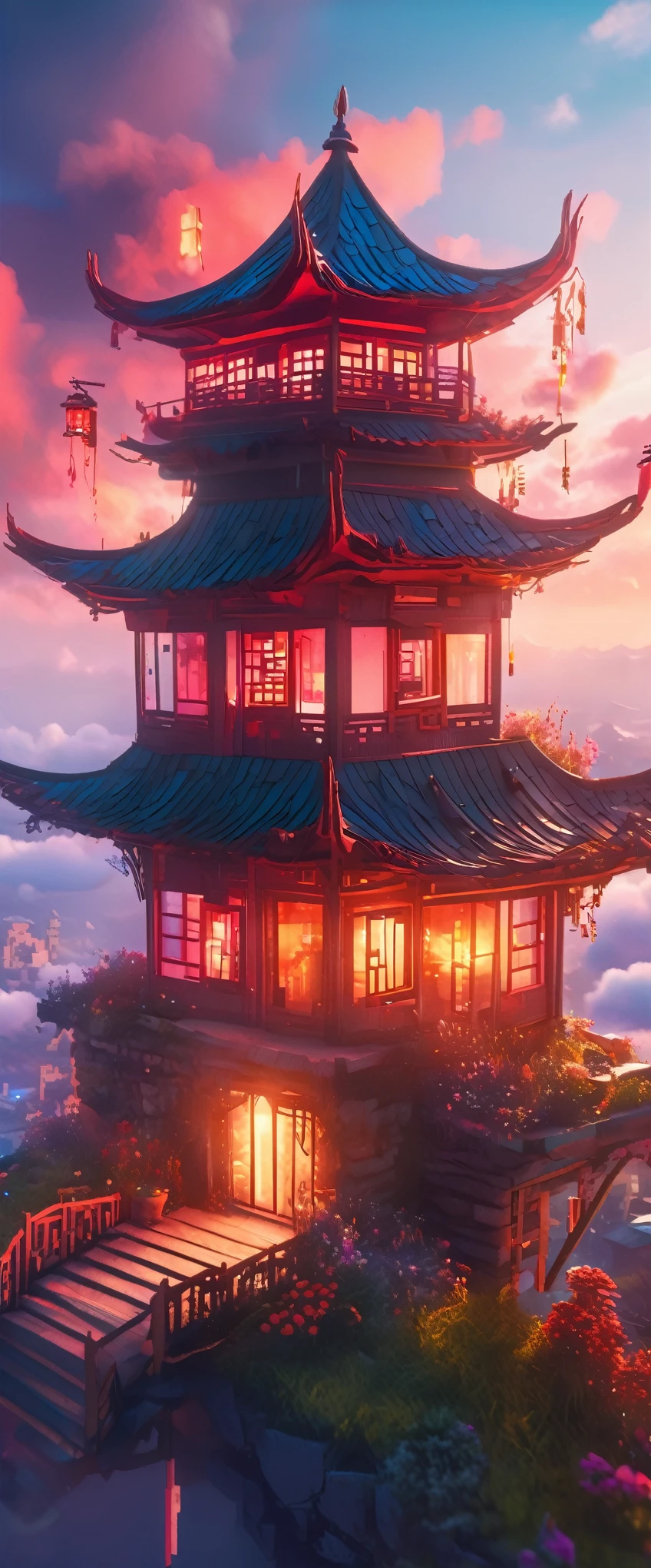 Building above the clouds(Ultra high definition:1.4)、(Fantasy、cyber punk、Ancient Chinese castles:1.3)、(Irregular red building:1.5)、(Floating in the clouds:1.2)、(Patchwork Cottage、Neon lighting、Floral decoration:1.4)、(Cityscape in the sky:1.1)、(Ross Tran、Inspired by Mikey Chan:1.2)、(Realistic lighting、Light Shaft、warm glow:1.3)、(masterpiece:1.2)、(high quality、Beautiful graphics、In one image