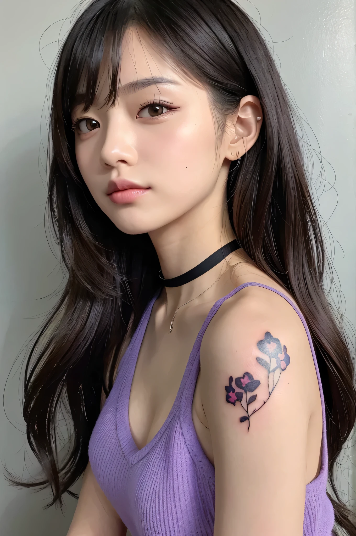 This image is、A very attractive and detailed portrait of a woman.。Below is the detailed prompt for the image。

--- In the center of this image、A young woman is depicted。Her appearance is very impressive、What really catches your eye are her bright yellow eyes.。The eyes emit a strong light、It gives her a mysterious and sharp look.。The contours of her face are soft、Skin is smooth and has a healthy glow。

Her hair is black、Place々Has purple highlights。Long hair、It flows naturally like waves.。Some of her hair hangs down the side of her face.、Overall, the casual style is emphasized。Her attire is casual and、She is wearing a purple tank top and a mini skirt.。This outfit reflects her stylish and contemporary taste.。

She has a tattoo on her arm、There is a large design on the left arm.。The tattoo is carefully drawn in detail.、Emphasizes her personality。Also、There is a small tattoo on his right arm.。She has a black choker around her neck.、The pendant hangs。This accessory adds an edgy element to her overall look.。

She is sitting with her head slightly tilted forward.、The gaze is fixed straight ahead。Although his facial expression is calm,、Gives a confident impression。The background around her is simple.、Designed so that the focus is entirely on her。The background is a light grey cot brings out her vibrant colors。

Overall、This image is very detailed.、Character personality and style are emphasized。Her unique fashion sense and tattoos、It brings out her strong personality and modern appeal.。It is a work that perfectly combines modern and artistic elements that users love.。