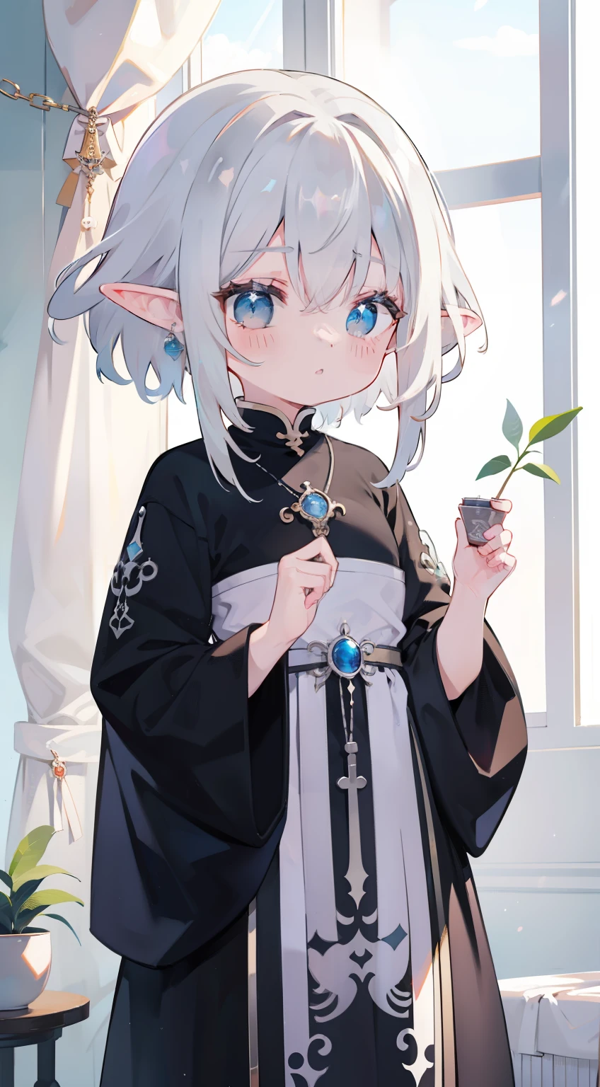 A girl、Silver Hair、Ji Qie、Cute little、、Elf ears、masterpiece、Top quality、Top image quality、Rosary、Black monk&#39;s robe、Chies,educated woman,cape