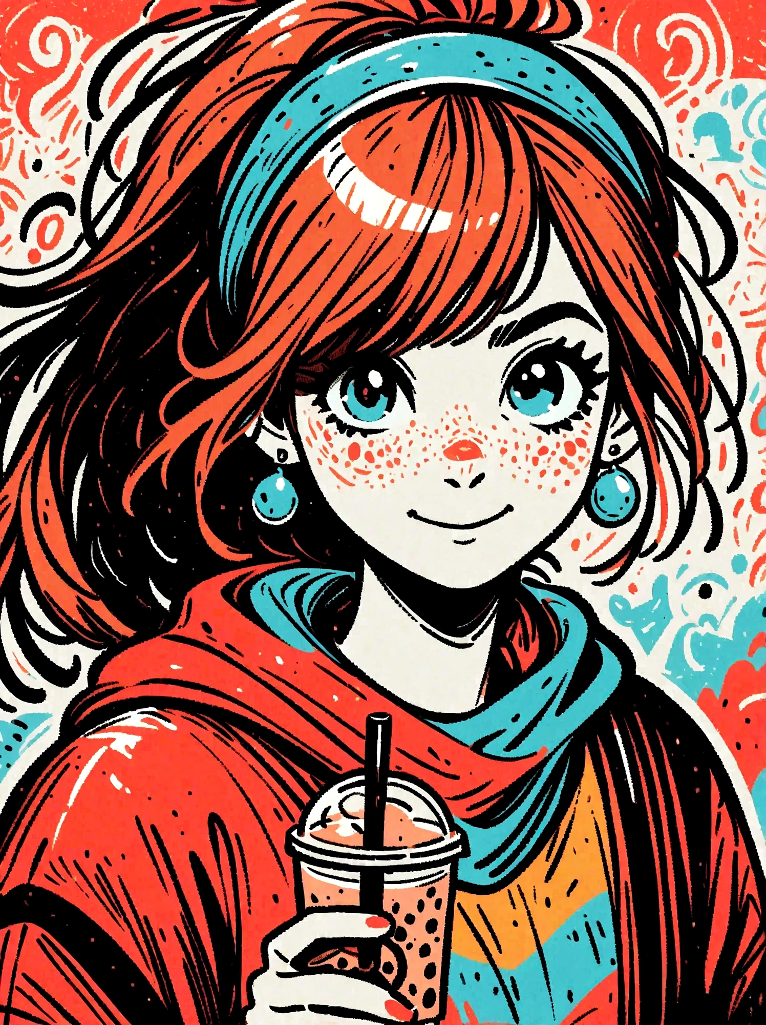 Cartoon hand drawn, 1girl, solo, Smile，Ponytail，wearing blue headscarf，Drinking milk tea，Wearing pearl earrings，Dopamine Color，The background is a rainbow，Colourful, Wearing bright blue and green square clothes，Holding electric weapons, The color palette is in red, orange and black tones and has a sketchy style, The background should have a simple hand-drawn doodle pattern