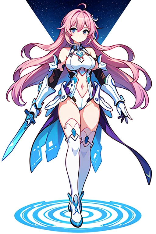 (((Best Quality))) , ((full body)), An adult female, (((white background))), variety of hairstyles, variety of design, gauntlets, leotard, body stocking, (cropped shoulders), sword, holding sword, gloves, stand posture, ((lightblue theme costume)), pink hair,