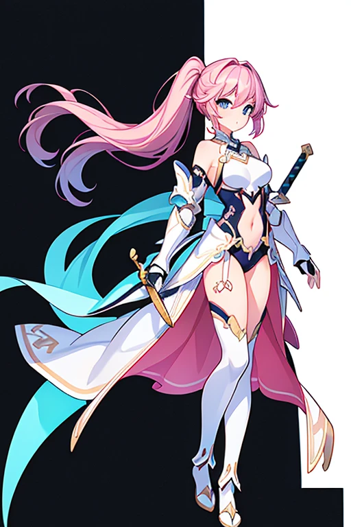 (((Best Quality))) , ((full body)), An adult female, (((white background))), variety of hairstyles, variety of design, gauntlets, leotard, body stocking, (cropped shoulders), sword, holding sword, gloves, stand posture, ((lightblue theme costume)), pink hair,