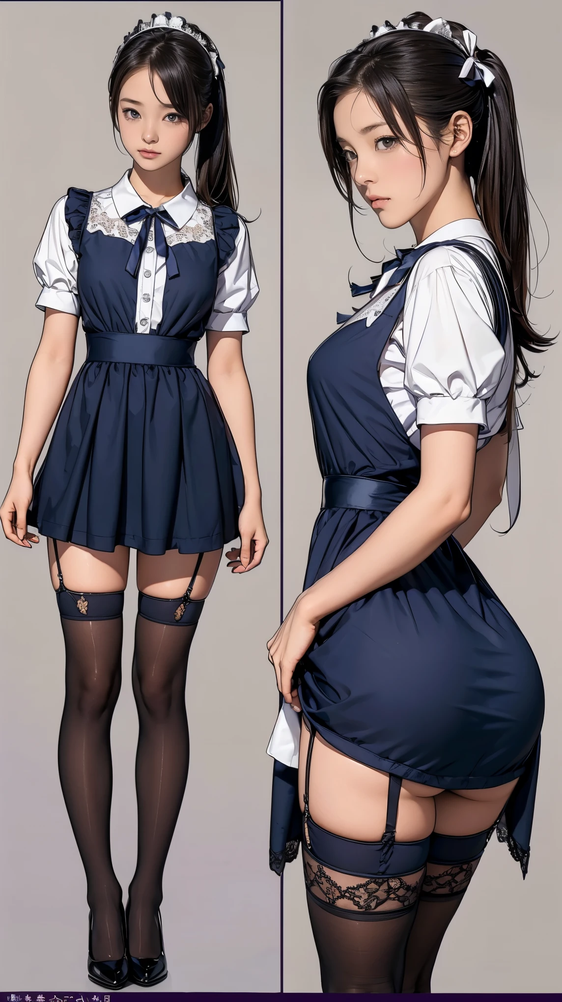 ((masterpiece)),(((highest quality))),((Reference Sheet, Character Design, front, return, ~ ~ side, Mr..々Hairstyle, Mr..々Performance, Facial Expressions)), -yeld gi Cute type, (Very slim:1.4), (Very small ass:1.4), Realistic buttocks, Big Breasts, Short Bob, Thin thighs, Long legs, It's not a big deal, ((Dress and stockings, Gorgeous maid, Maid clothes,Hair Ribbon)), ((Browsing Caution:1.0))