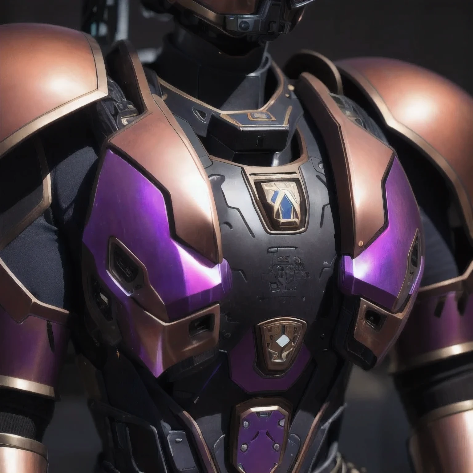 （（（Bust Close-up）））An award-winning image of a purple pink black robot in a photography competition, equipped with goggles, green sci-fi armor, white armor set, orange obsidian armor, blue armor, and red white heavy armor. Dramatic and smooth copper armor, heavy black stone armor, vine armor, black gold armor, complex brass armor, lock armor, gilded body armor, leather armor, heavy platinum armor