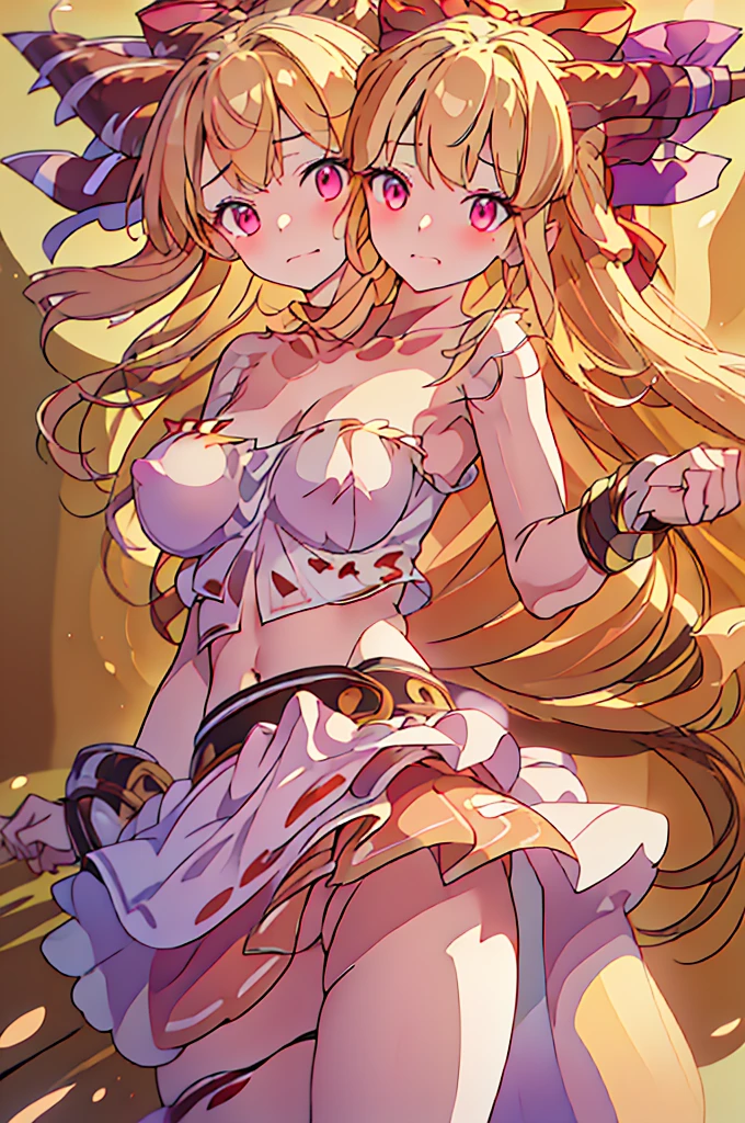 (masterpiece, best quality), best quality, (ultra-detailed), (3heads:1.5), 1girl, (suika ibuki:1.3), masterpiece, (best quality:1.5, highres, UHD), highres, absurdo, ultra detail, ultra quality, Ultra resolution, tattered pale pink top, crop top, ((stomach)), midriff, ((groin)), purple and pink skirt, normal ears, shackles, blonde hair, very long hair, wavy hair, sidelocks, red eyes, detailed eyes, parted lips, sweat, cute, toned belly, hand on own chest, eyelashes, (25 year old woman:1.3), (masterpiece:1.5), (best quality:1.5), (beautiful detailed), extremely detailed CG, extremely delicate and beautiful, depth of field, (finely detailed face), (perfect details:1.2), (mature female:1.3), wide pelvis, slender, large veiny breast, 16k resolution, very high quality, very high definition, extremely detailed, masterpiece, blonde hair, long hair, alluring presence, braid, short skirt, close up, very big tits, huge tits, young, two long straight oni horns on her head, decorated with ribbons, open belly, nsfw, midriff, girl with three heads,
