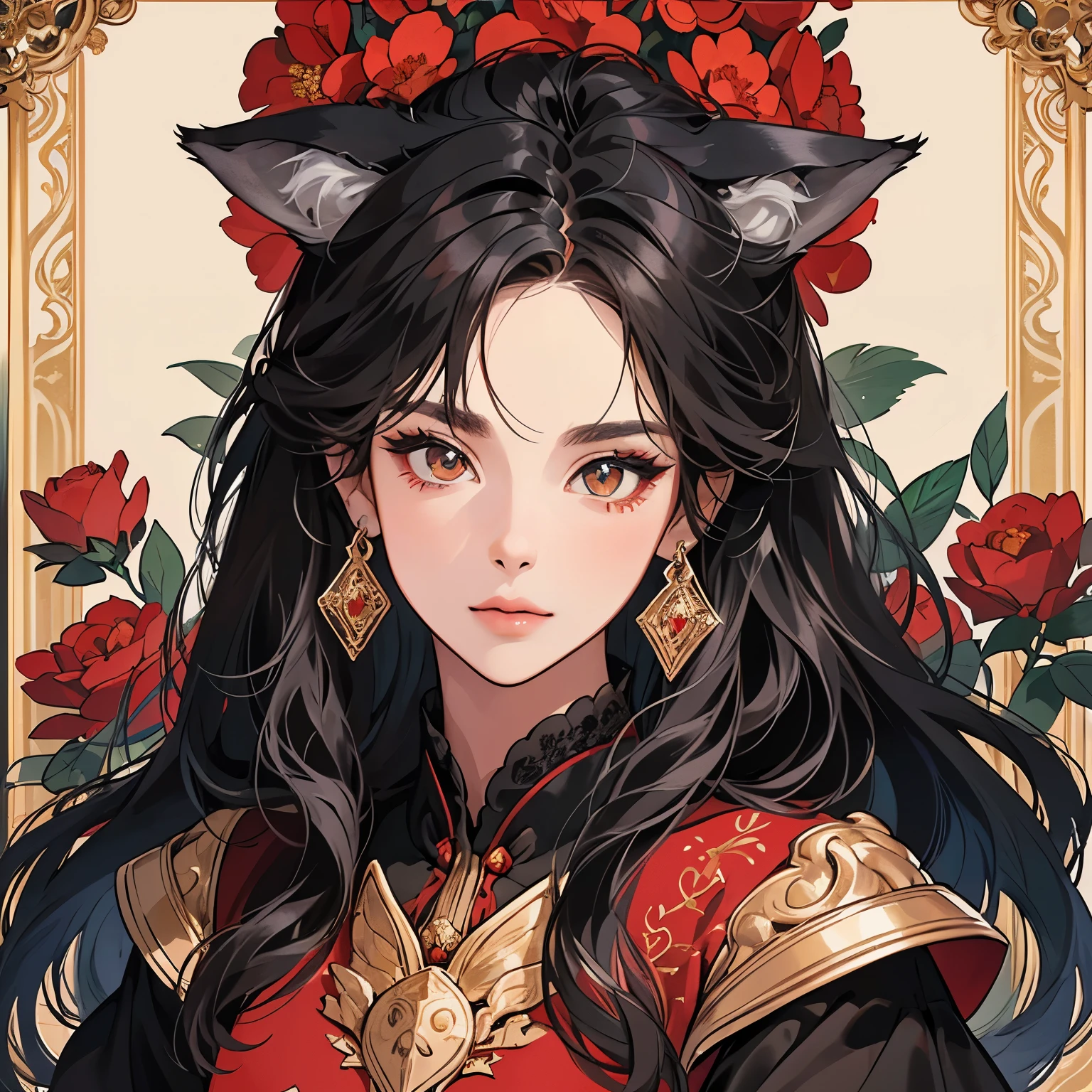 Best quality, 1 black wolf, logo, background white only, emblem, 14k, intricate and detailed, frame, red, (((1 woman and wolf))), detailed fur, sparkling eyes, corporate logo, golden, panoramic, long shot, front, red flowers, Upper body, looking at viewer,  beautiful goddess, Very detailed hair、hair color black