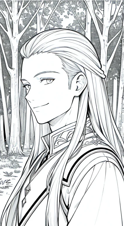 Masterpiece, best quality, (detailed background), high contrast, 1 boy, highly detailed face, wide shot portrait, smiling face, fantasy clothes, looking to the sky, forest background, thin, clean line drawings, tall, long hair, white clothes