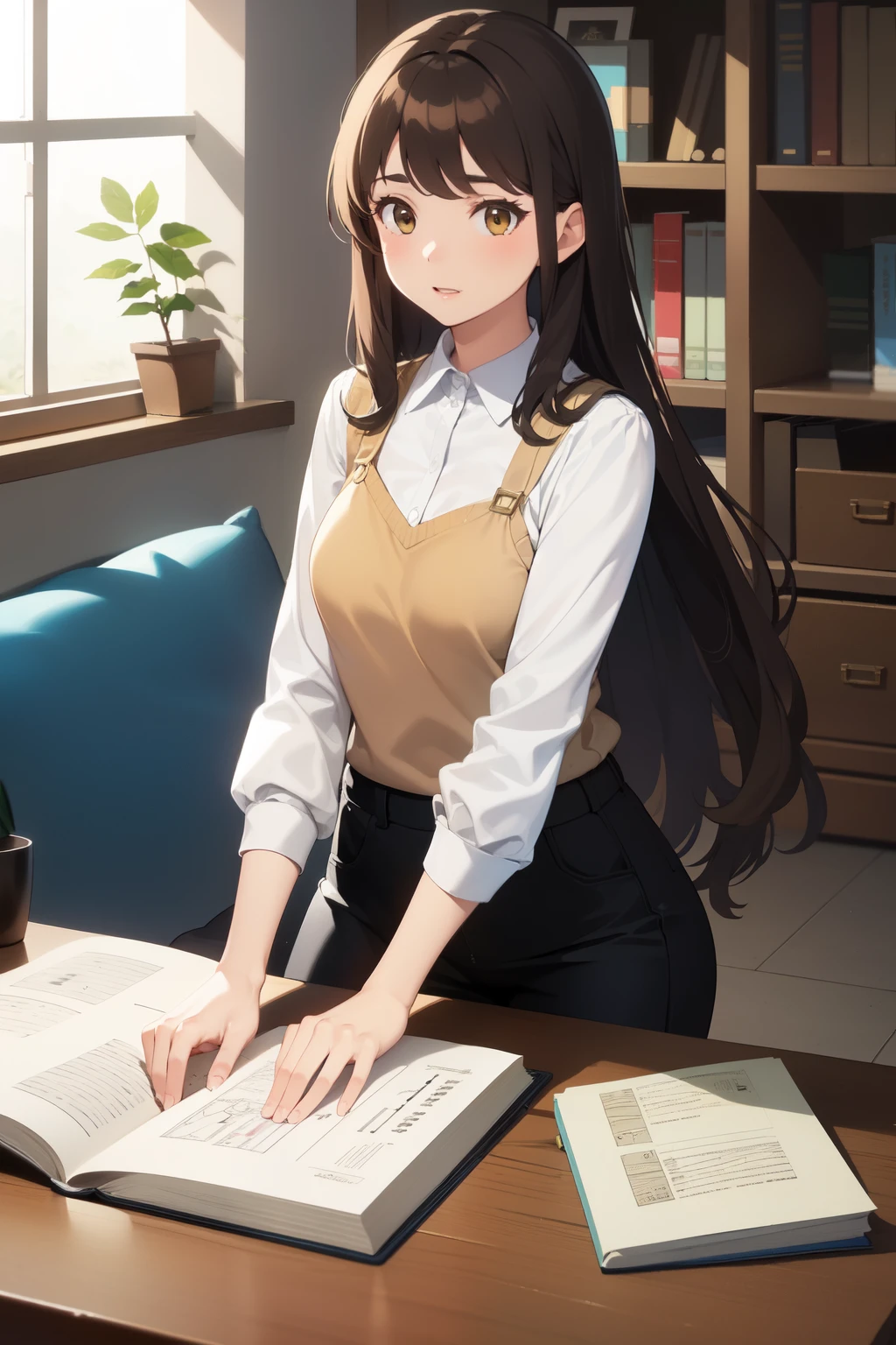((mejor calidad)), ((obra maestra)), (detallado), 1 girl with long brown hair, bata de pizarron, pizarron, libros de geometria, inteligente