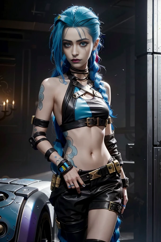 hay una mujer con cabello azul y un top negro, portrait of Jinx de Arcano, Jinx de Arcano, curse of league of legends, rococo cyberpunk, estilo ciberpunk , Hyper realistic, loba andrade de apex legends, ornamental gothic - cyberpunk, estilo cyberpunk hiperrealista, portrait of mechanical lady, alicia en el pais de las maravillas cyberpunk, Vivid steampunk concept