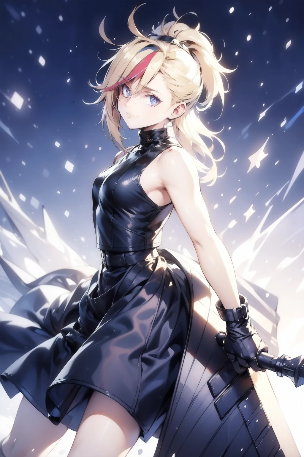 (masterpiece, best quality:1.2), Blue glowing eyes, perfect face, highres, 1 girl, solo, ultra long ponytail, (female:1.5), strife, blonde hair, shoulder armor, sleeveless turtleneck, suspenders, belt, gloves, bracer, evil smile, standing, portrait, looking at viewer, giant sword on the back