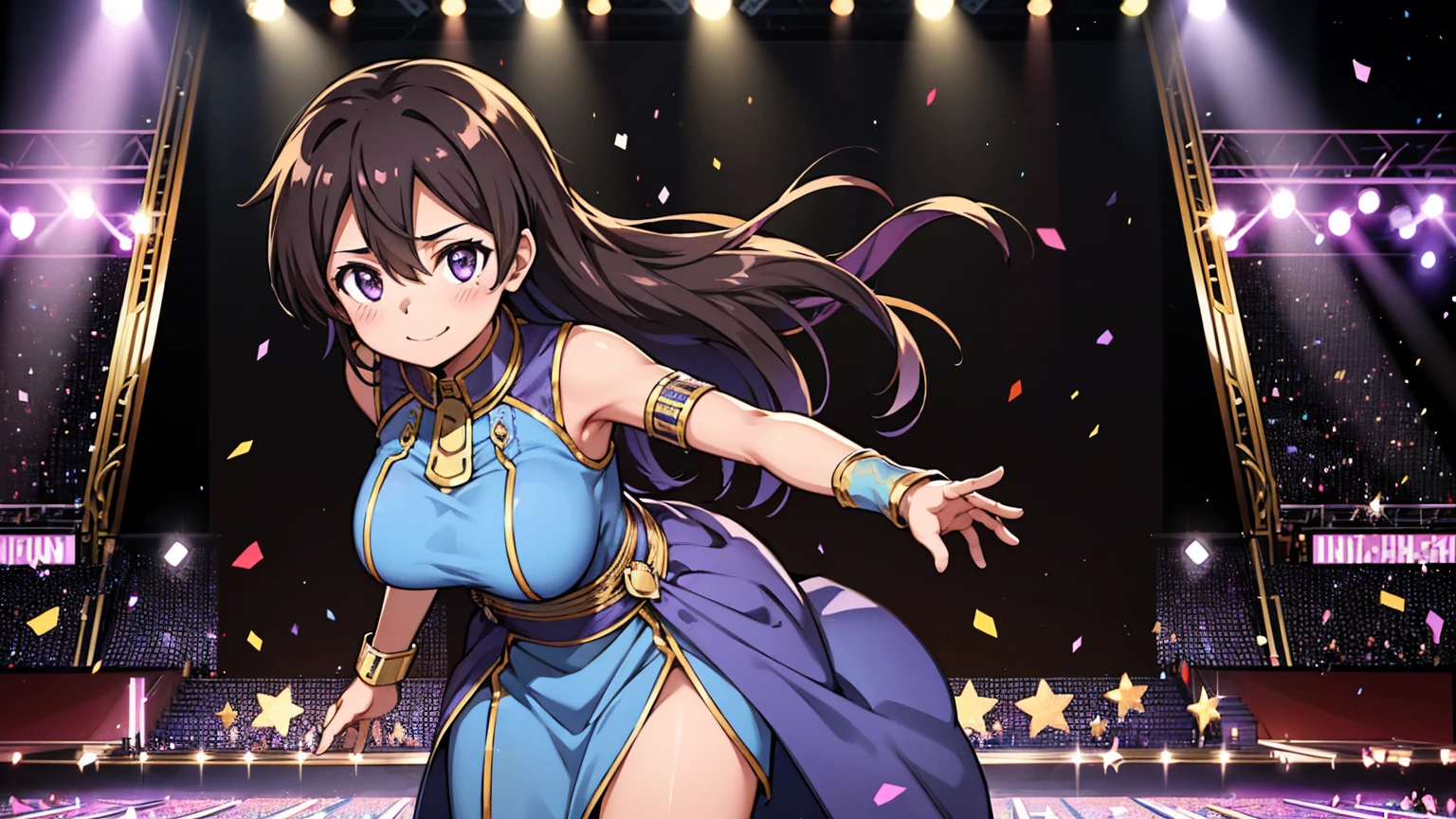 Kirito black egyptian clothing brown skin, purple eyes, blushing smile, standing alone on the stage, Super huge big breasts breast enlargement looking at the audience illustration, ultra-detailed, HDR, vibrant colors, soft lighting