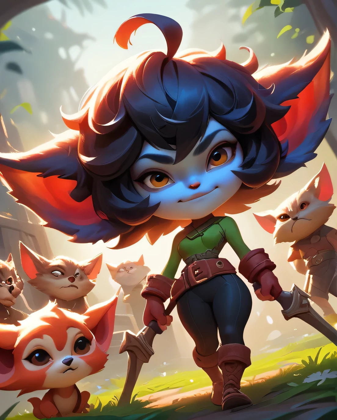 score_9, score_8_up, score_7_up, score_6_up, score_5_up, score_4_up, red yordle female, a dubious little creature getting up to mischief,cute,pretty,attrative,seminua,***rdles,slender,thin,black short hair,assassin outfit,red body,wolf